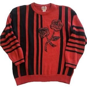 Vtg Koret Red Striped Floral Sweater Sz Large Appliqué‎ Cottage Core Grandma 80s